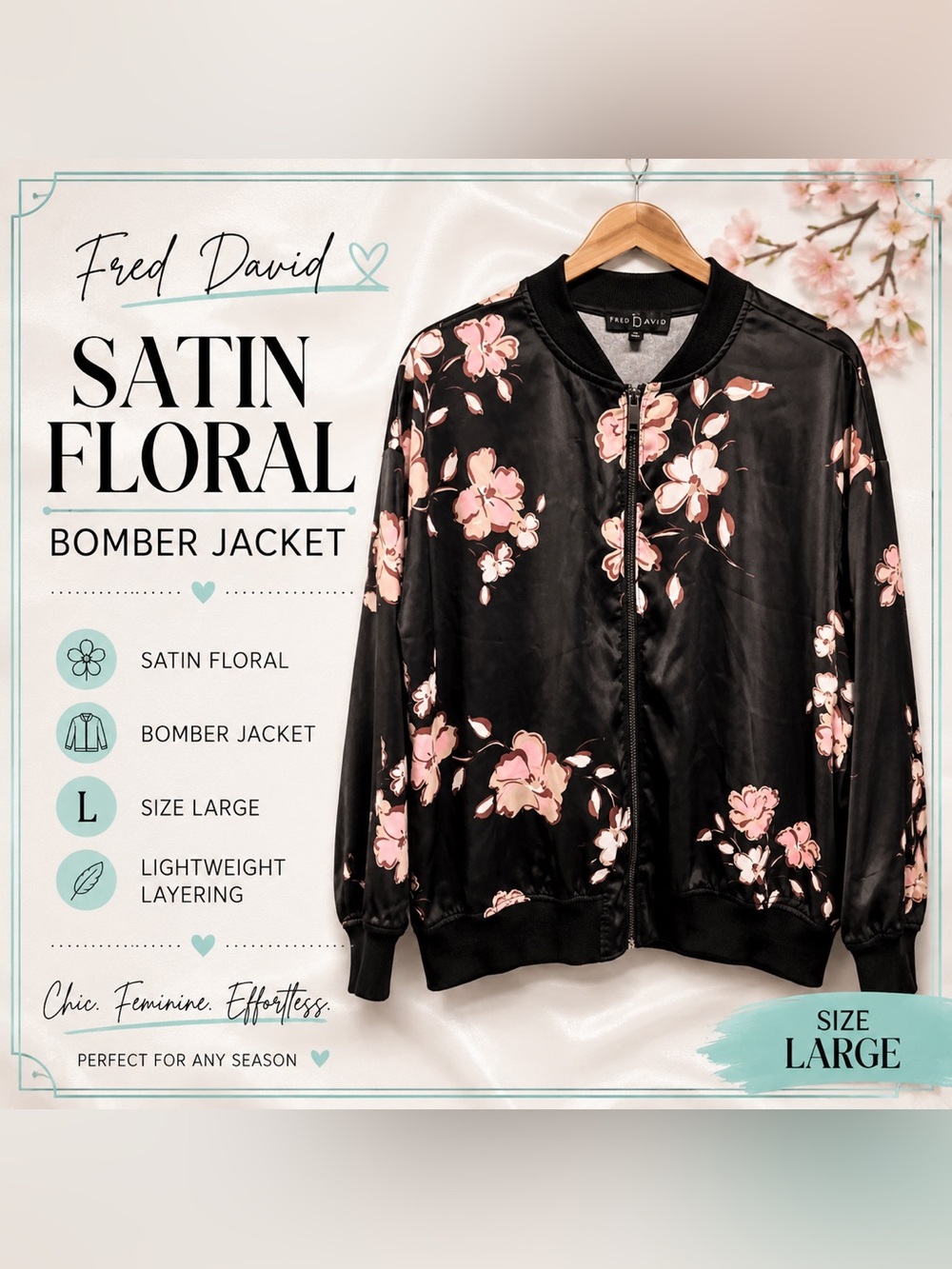 Floral Satin Bomber Jacket Black Pink Blush Lightweight Zip Front Women’s Large